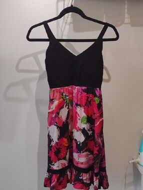 BeBe Floral Silk & Black Stretch Bodice Midi Dress (Size Medium)